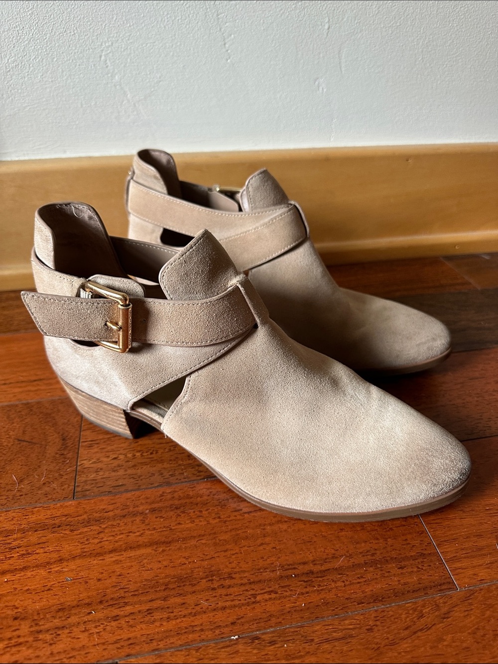 Beige Suede Women's Cutout Ankle Boots with Buckle